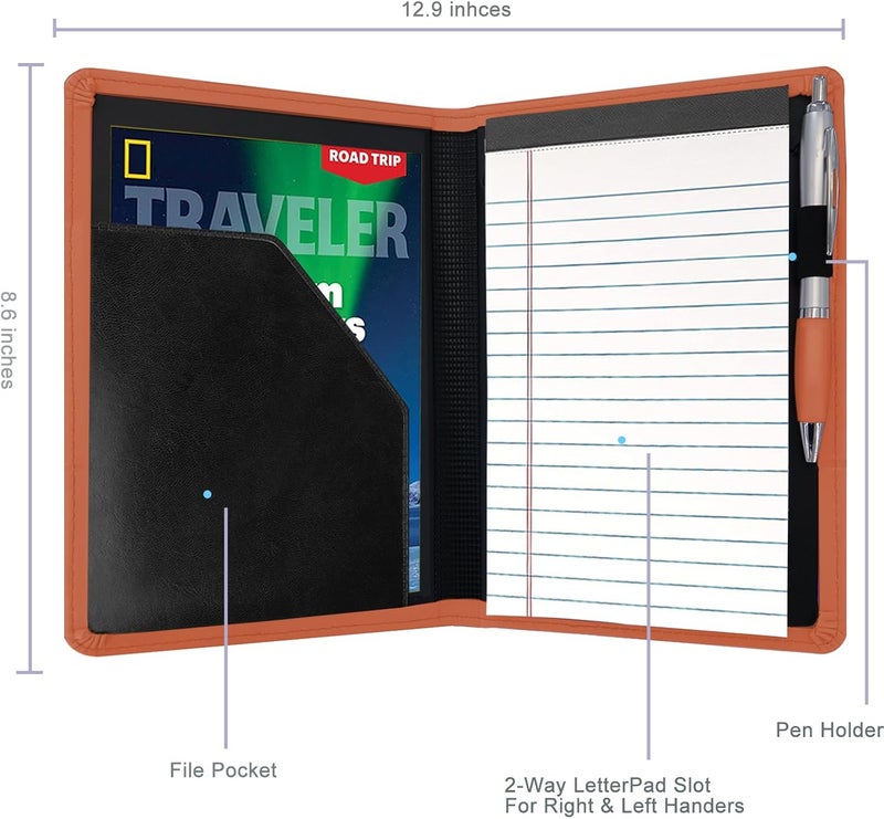 Konper Classic Padfolio/Junior Portfolio Folder Case, Business A5 Binder Organizer Notepad for Men Women, 5 x 8 Writing Pad Included, Orange - Image 2